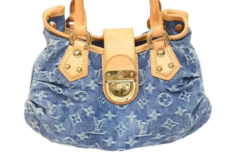 Louis Vuitton Pleaty Gold Blue Handbag Leather Brown Monogram Denim Blue Brown